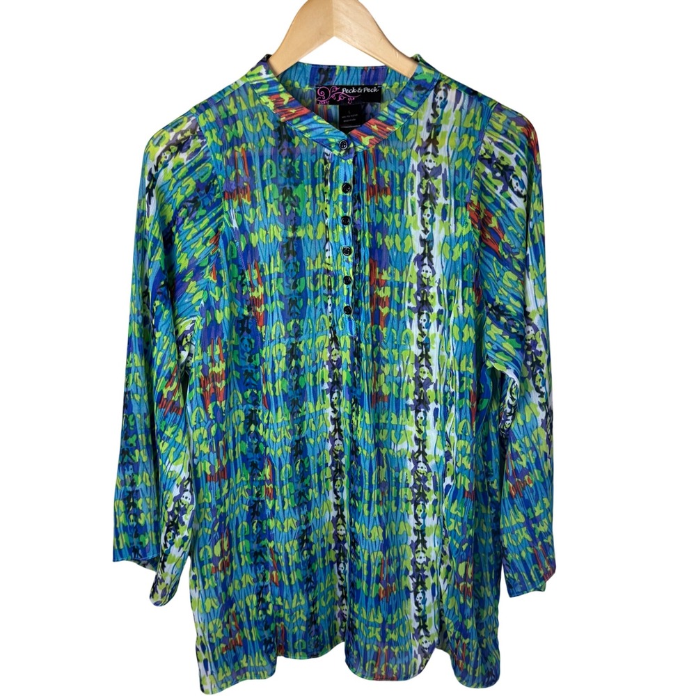 Peck & Peck Women's Skull Print Sheer Blouse Top Button Down Long‎ Sleeve Large